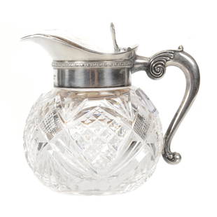 Syrup Pitcher, American Brilliant Cut Glass: Syrup Pitcher, American Brilliant Cut Glass, 3.5" x 3.75", Crosscut Diamond, Strawberry Diamond And Fan Motif, Ray Cut Base, Sterling Silver Lid/Spout Marked R. Blackinton & Company #8141, The David