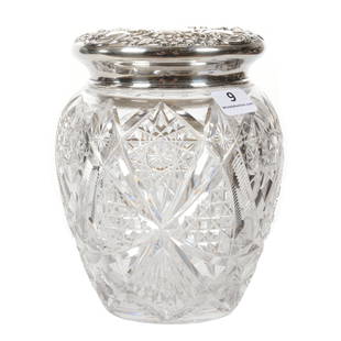 Covered Jar, ABCG, Wales Pattern By Straus: Covered Jar, ABCG, Wales Pattern By Straus, 6.25" x 4.75", Hobstar Base, Elaborate Embossed Sterling Silver Lid, The David Haines Collection, TN.
