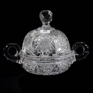 Covered Butterdish, ABCG, Two Handles: Covered Butterdish, ABCG, Two Handles, 5.75" x 8", Hobstar, Crescent, Strawberry Diamond And Fan Motif, Quality Blank, Rare Form, The David Haines Collection, TN.