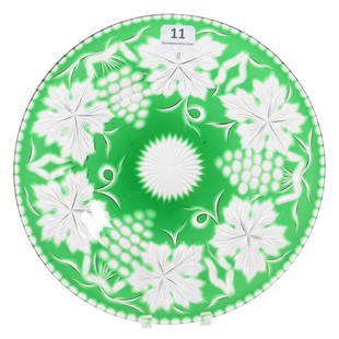 Plate, BPCG, Green Cut To Clear: Plate, BPCG, Green Cut To Clear, 8", Engraved Vintage Motif, Attributed To Stevens And Williams, Extra Nice Quality, The David Haines Collection, TN.