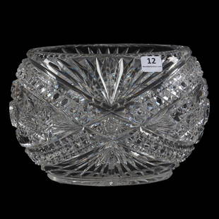 Oval Vase, Brilliant Period Cut Glass: Oval Vase, Brilliant Period Cut Glass, 6" x 8.5", Hob Button Bands With Hobstar And Fan Highlights, Ray Cut Base, Heavy Blank, Attributed To Val St. Lambert, Small Polish On Base, The David Haines