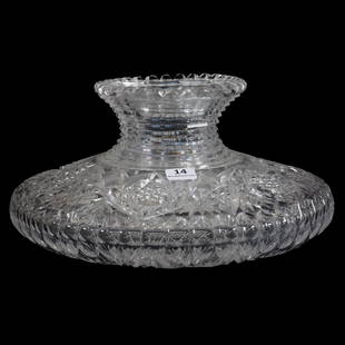 Flower Center, American Brilliant Cut Glass: Flower Center, American Brilliant Cut Glass, 5.25" x 10", Hobstar, Strawberry Diamond And Fan Motif, Extra Large Hobstar Base, Step Cut Neck, Over 6.5 Pounds Total Weight, The David Haines