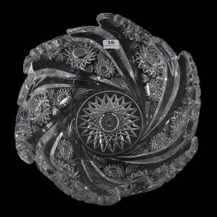 Bowl, ABCG, Blown Mold, Signed Hawkes: Bowl, ABCG, Blown Mold, Signed Hawkes, 4.25" x 10", Alternating Tusks Of Hobstar, Zipper And Fan Motif, Hobstar Center, Quality Blank, Total Weight Of Over Eight Pounds, The David Haines Collection,