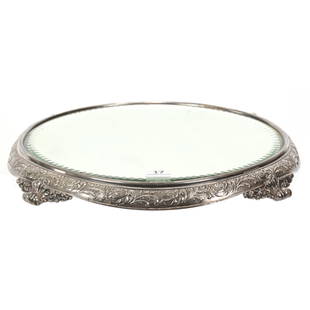Beveled Mirror Plateau, Embossed Van Bergh Frame: Beveled Mirror Plateau, Embossed Van Bergh Frame, 11", 9.5" Diameter Mirror, Silverplate Frame Marked Van Bergh, The David Haines Collection, TN.