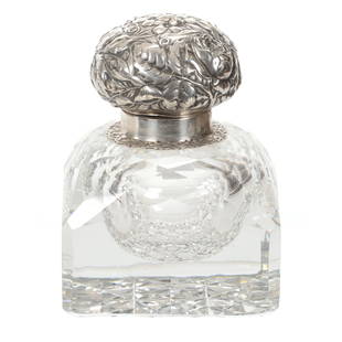 Ink Well, ABCG, Facet Cut, Russian Cut Base: Ink Well, ABCG, Facet Cut, Russian Cut Base, 5.25" x 4", Elaborate Embossed Sterling Silver Flip Lid Marked Gorham #44, Total Weight Of Four Pounds, The David Haines Collection, TN.