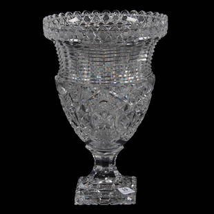 Pedestal Vase, ABCG, Urn Shape, Attributed To Elmira: Pedestal Vase, ABCG, Urn Shape, Attributed To Elmira, 10.5" x 7", Hobstar, Strawberry Diamond And Fan Motif, Square Pattern Cut Foot, Step Cut Neck With Pattern Cut Rim Border, Outstanding Blank, The