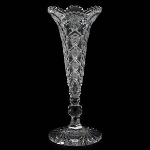 Trumpet Vase, ABCG, Signed Hawkes Queens Pattern: Trumpet Vase, ABCG, Signed Hawkes Queens Pattern, 18" x 7.5", Large Hobstar Foot, Exactly As Featured In Rarities By Wiener & Lipkowitz, Page 269, Over Eight Pounds Total Weight, The David Haines