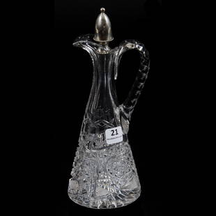 Cruet, ABCG, Alhambra Pattern By Meriden: Cruet, ABCG, Alhambra Pattern By Meriden, 8.75" x 3.75", Triple Notched Handle, Ray Cut Base, Acorn Shaped Sterling Silver Stopper, The David Haines Collection, TN.