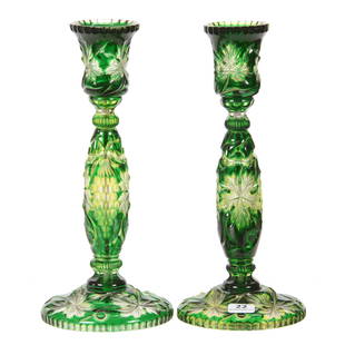Pair Candlesticks, BPCG, Green Cut To Vaseline To Clear: Pair Candlesticks, BPCG, Green Cut To Vaseline To Clear, 10" x 4.5", Green Over Vaseline Cut To Clear, Incredibly Finely Engraved Vintage Motif, The Candlesticks Have Been Drilled Through With