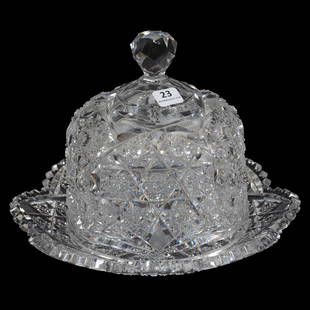 Cheese Dish, American Brilliant Cut Glass: Cheese Dish, American Brilliant Cut Glass, 7" x 9.5", Hobstar Cluster, Clear Blank, Nice Quality, The David Haines Collection, TN.