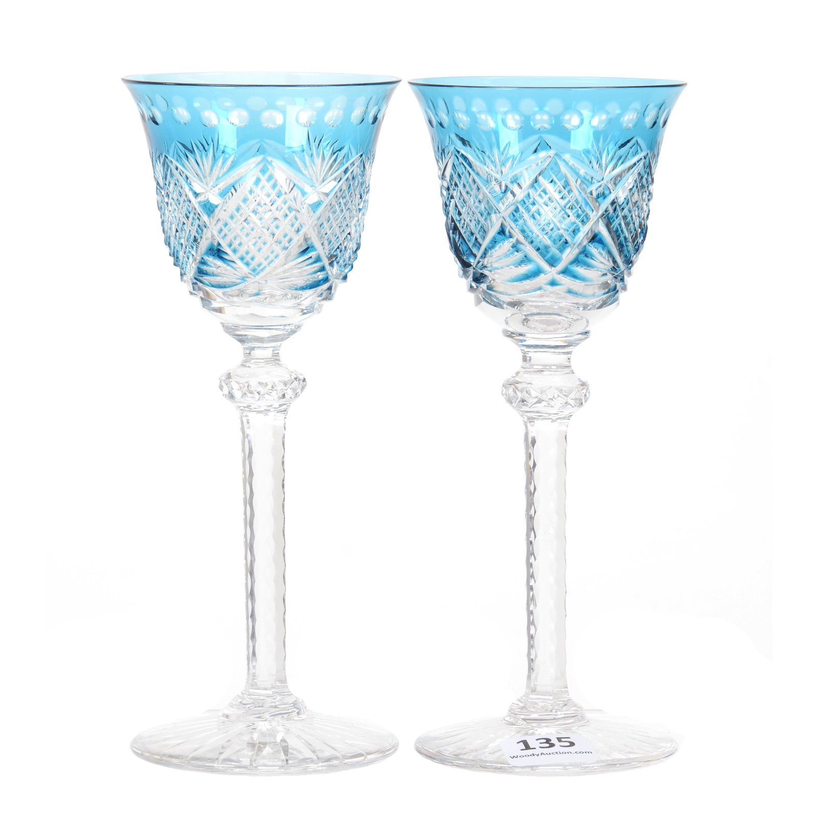 Pair Wine Stems, BPCG, French Blue Cut To Clear: Pair Wine Stems, BPCG, French Blue Cut To Clear, 6.5" x 2.625", Signed St. Louis, Crosscut Diamond And Fan Motif, Punty Highlights, Ray Cut Foot, The David Haines Collection, TN.