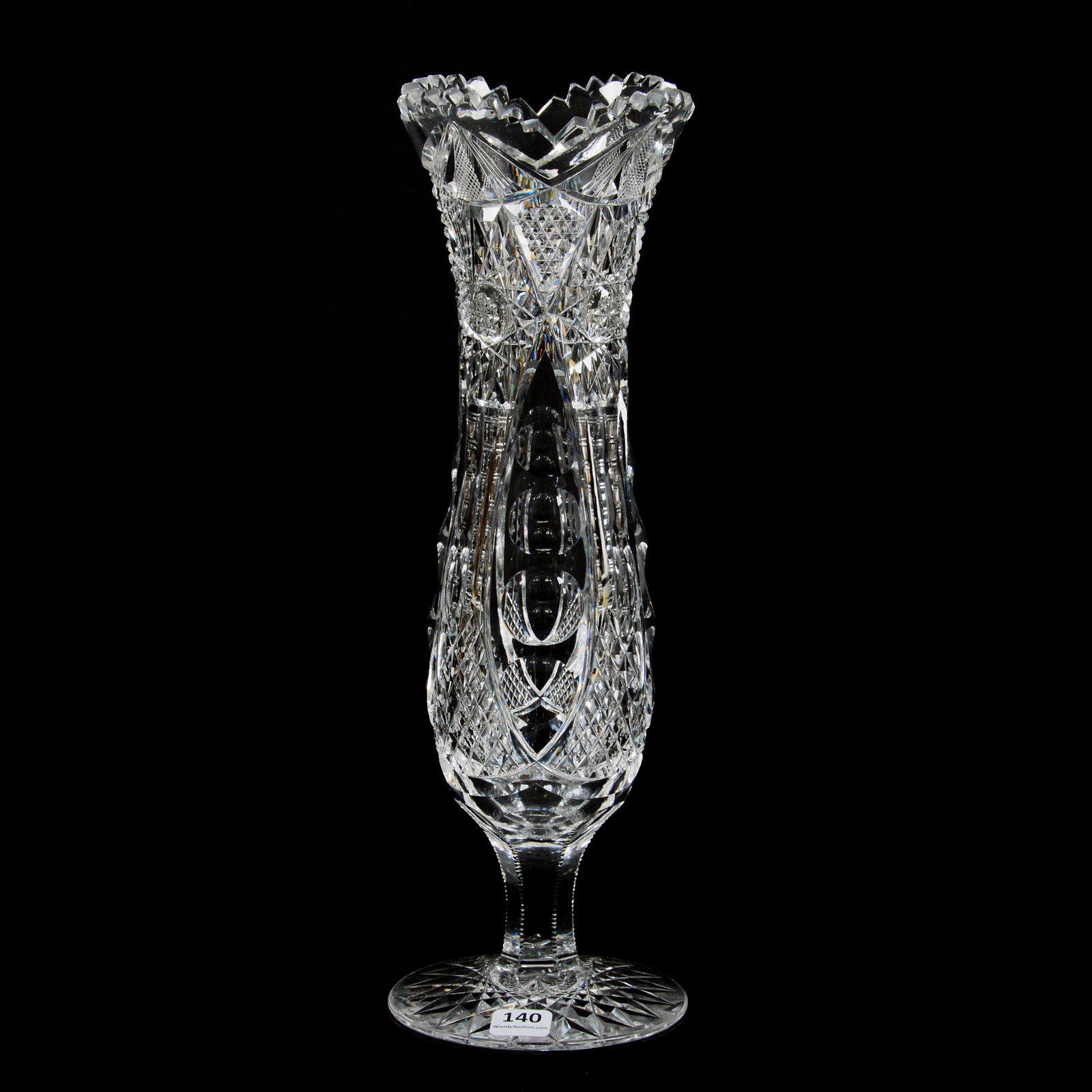 Pedestal Vase, American Beauty by Clark: Pedestal Vase, American Beauty by Clark, American Brilliant Cut Glass, 13.75" x 4.5", Bullseye, Hobstar, Crosscut Diamond, Prism, Nailhead Diamond, Strawberry Diamond And Fan Motif, Hobstar Foot, The 