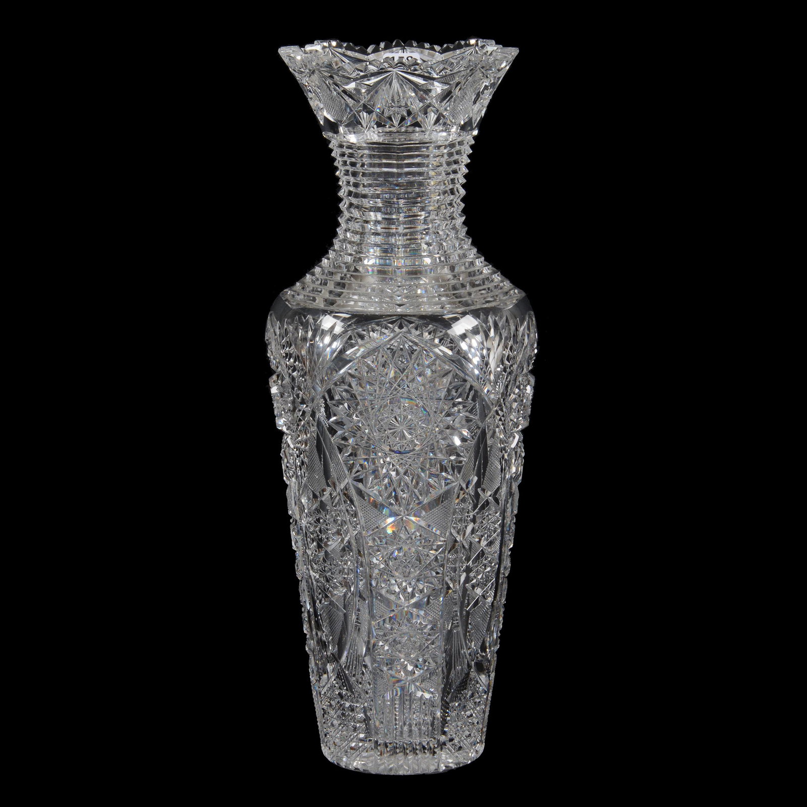 Vase, American Brilliant Cut Glass: Vase, American Brilliant Cut Glass, 17" x 6", Hobstar, Vesica, Strawberry Diamond, Cane, Prism And Fan Motif, Step Cut Neck, Pattern Cut Rim, Ray Cut Base, Clear Blank, Total Weight Of Nearly Eleven P