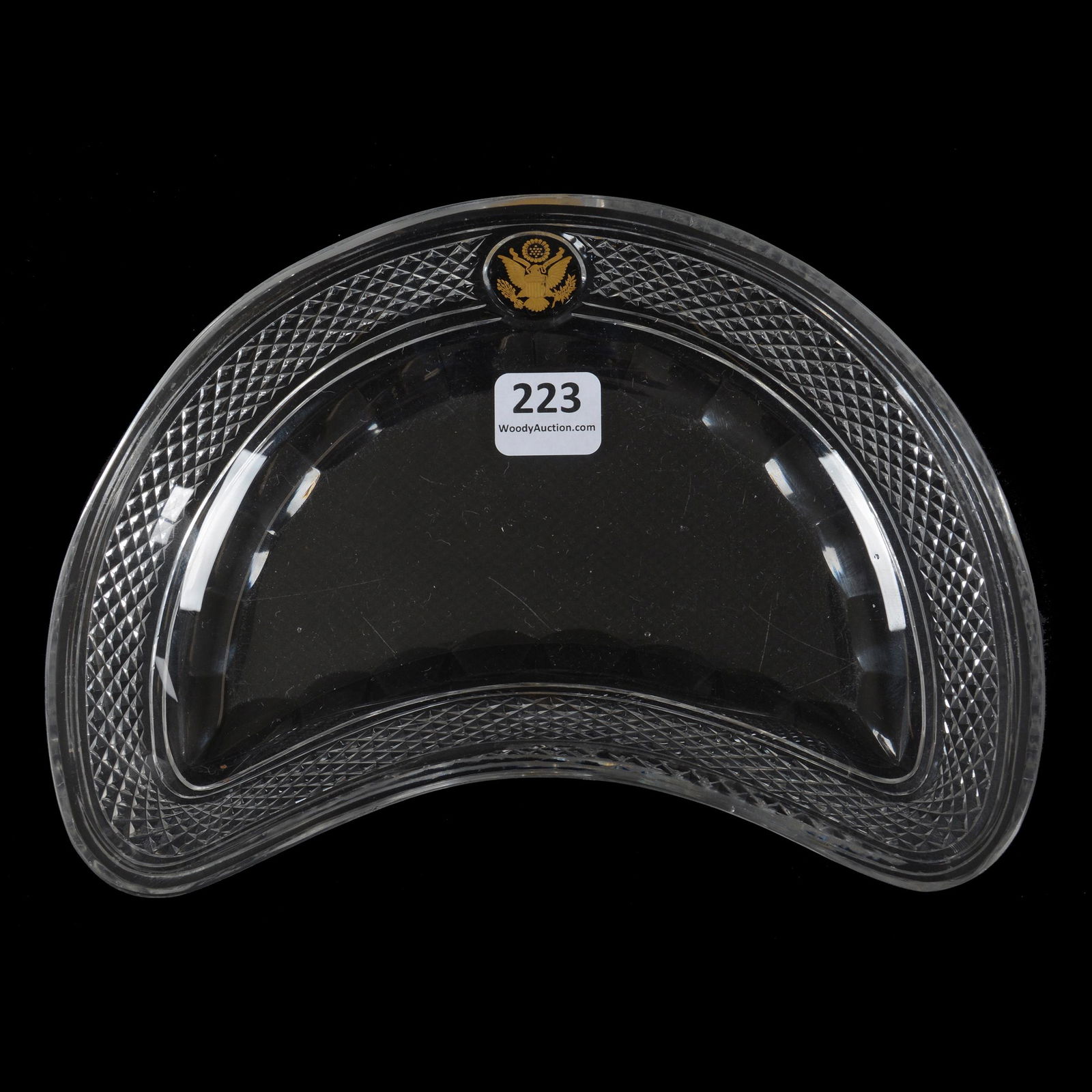 Bone Dish, Cut Glass, With Great Seal of the U.S.: Bone Dish, Cut Glass, With Great Seal Of The U.S., 8" x 4.75", Diamond Cut Border, Nice Monogrammed Item With Presidential Seal And Gold Highlights, Year Unknown, Probable Rim Touch-Up, The David Hain