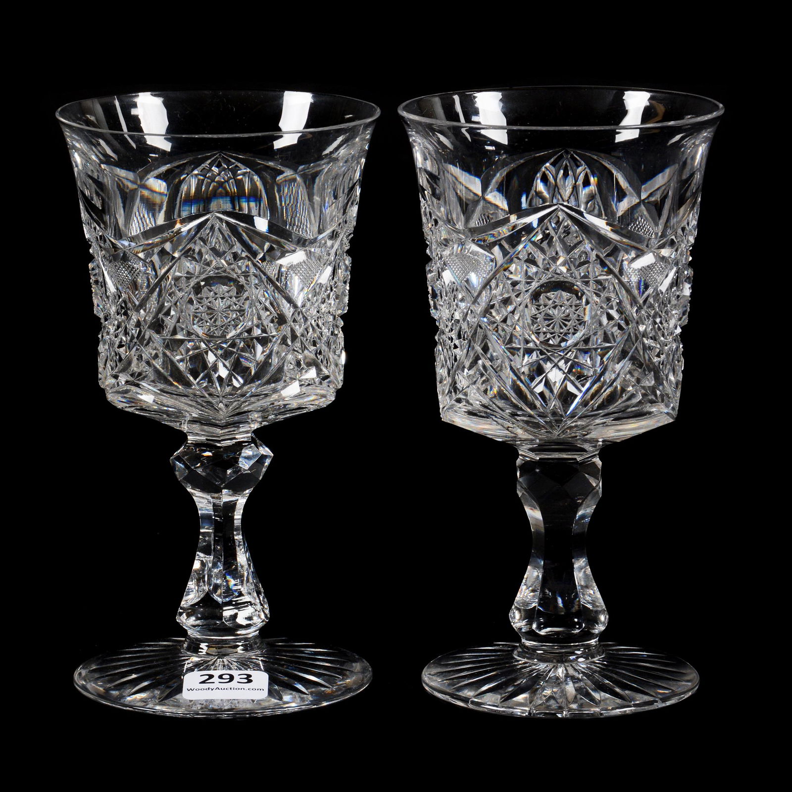 Pair Goblets, American Brilliant Cut Glass: Pair Goblets, American Brilliant Cut Glass, 6" x 3.25", Hobstar And Strawberry Diamond Motif, Ray Cut Foot, Varying Shape Stems, Diameter Of Foot Also Varies Significantly Even Though Both Have Origin