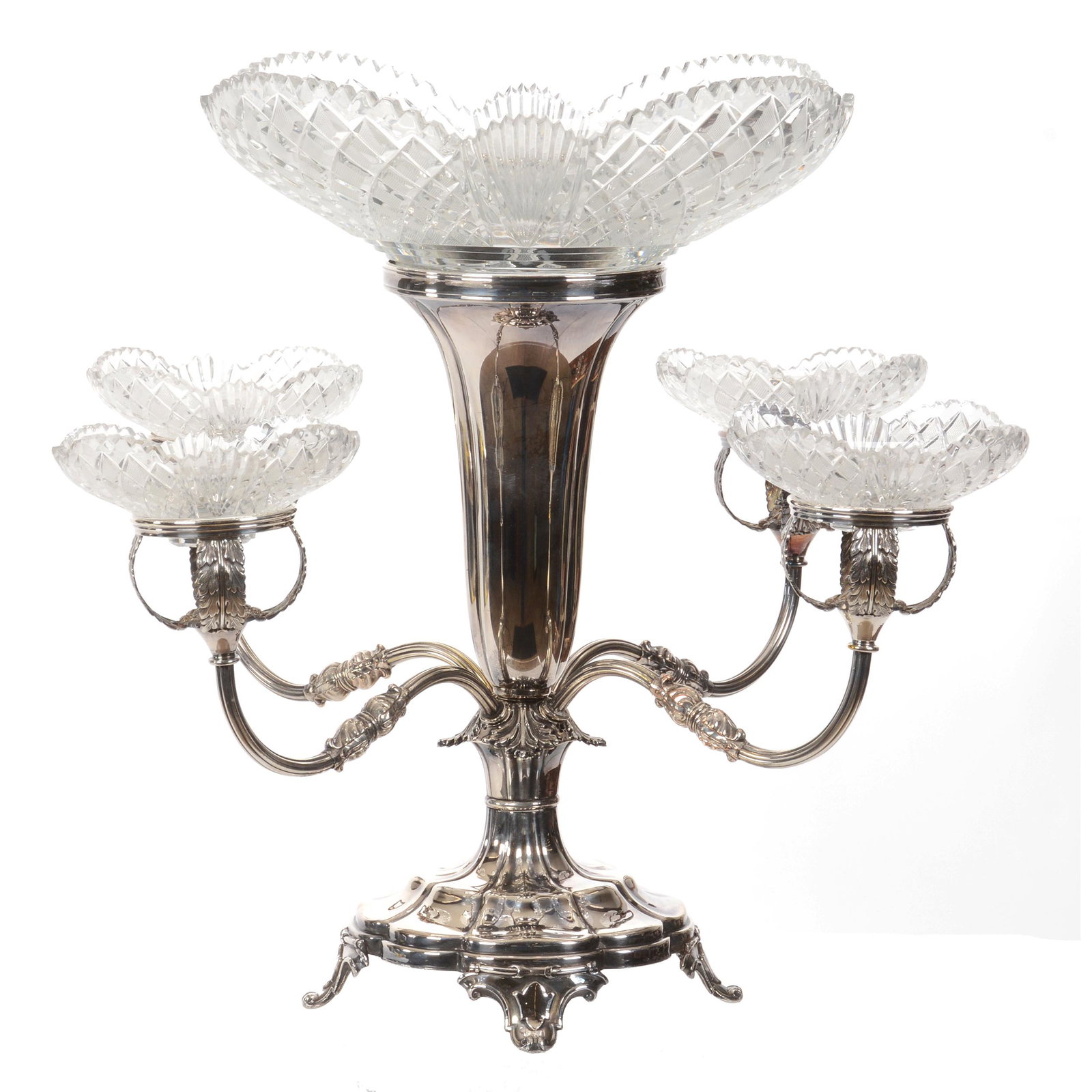 Centerpiece With Four Arms, BPCG: Centerpiece With Four Arms, BPCG, 16.25" x 20", 11" Diameter Waterford Style Center Bowl With Diamond And Fan Motif, Set On Elaborate Silverplate Stand With Four Arms Holding Four 5" Bowl Inserts That
