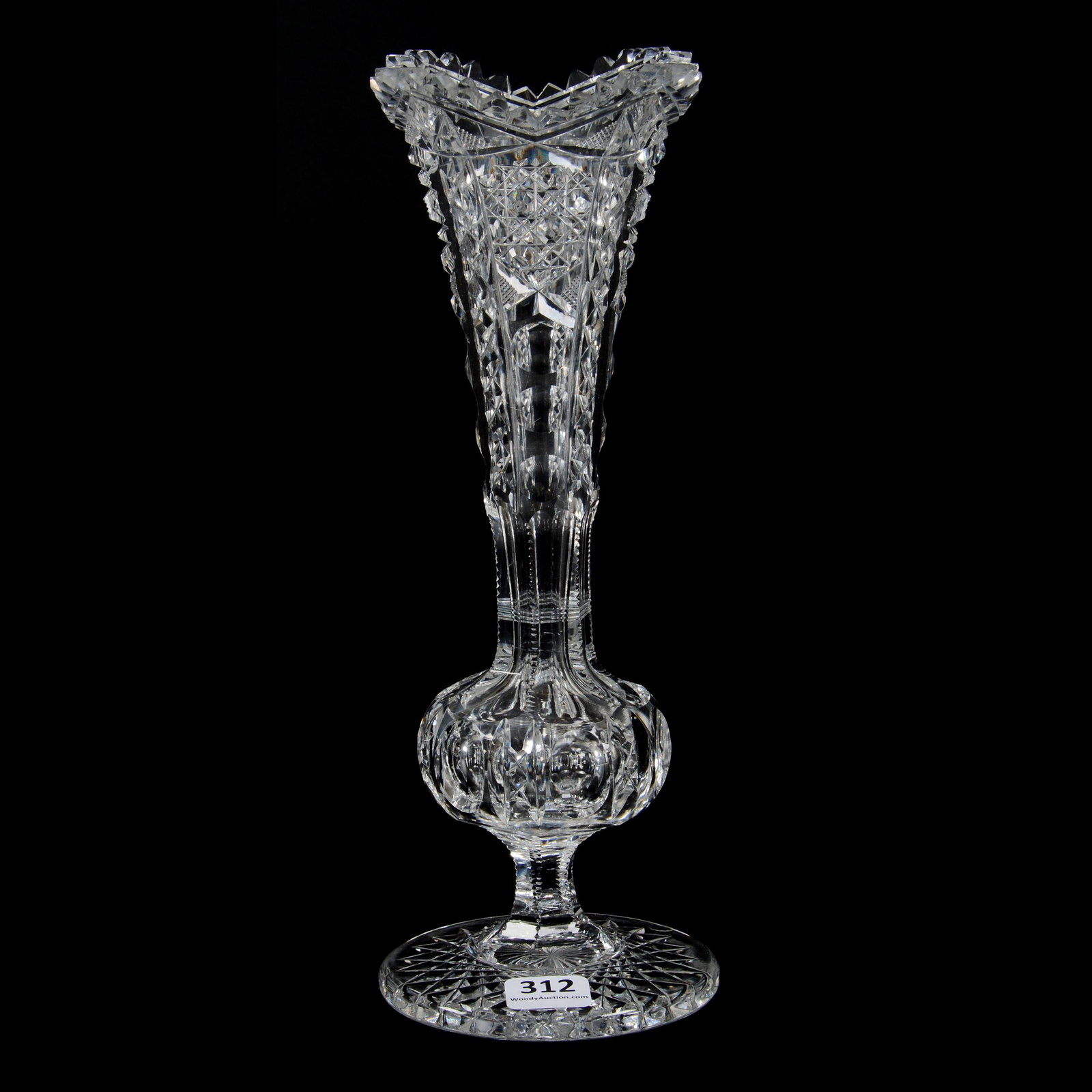 Pedestal Vase, American Brilliant Cut Glass: Pedestal Vase, American Brilliant Cut Glass, 10" x 3.75", Cane, Block, Diamond And Bullseye Motif, Hobstar Foot, Cute, The David Haines Collection, TN. UPDATED 9-21-21: A small chip was found on the r