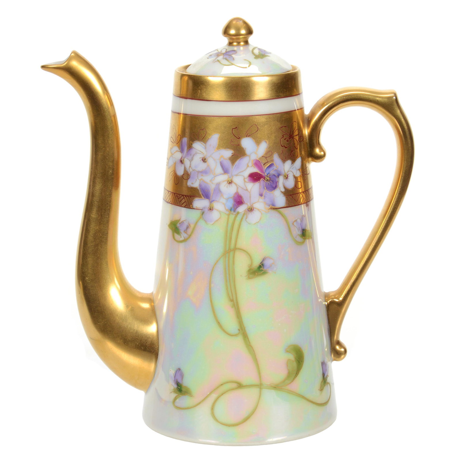 Demitasse Pot, Pickard Mark #5: Demitasse Pot, Pickard Mark #5, 8.5" x 7.5", Iridescent White Lustre Background With Violet Decor, Heavy Gold Trim, Artist Signed Ray (Noble Ray), Collection Of Hosea And The Late Lily Harkness.