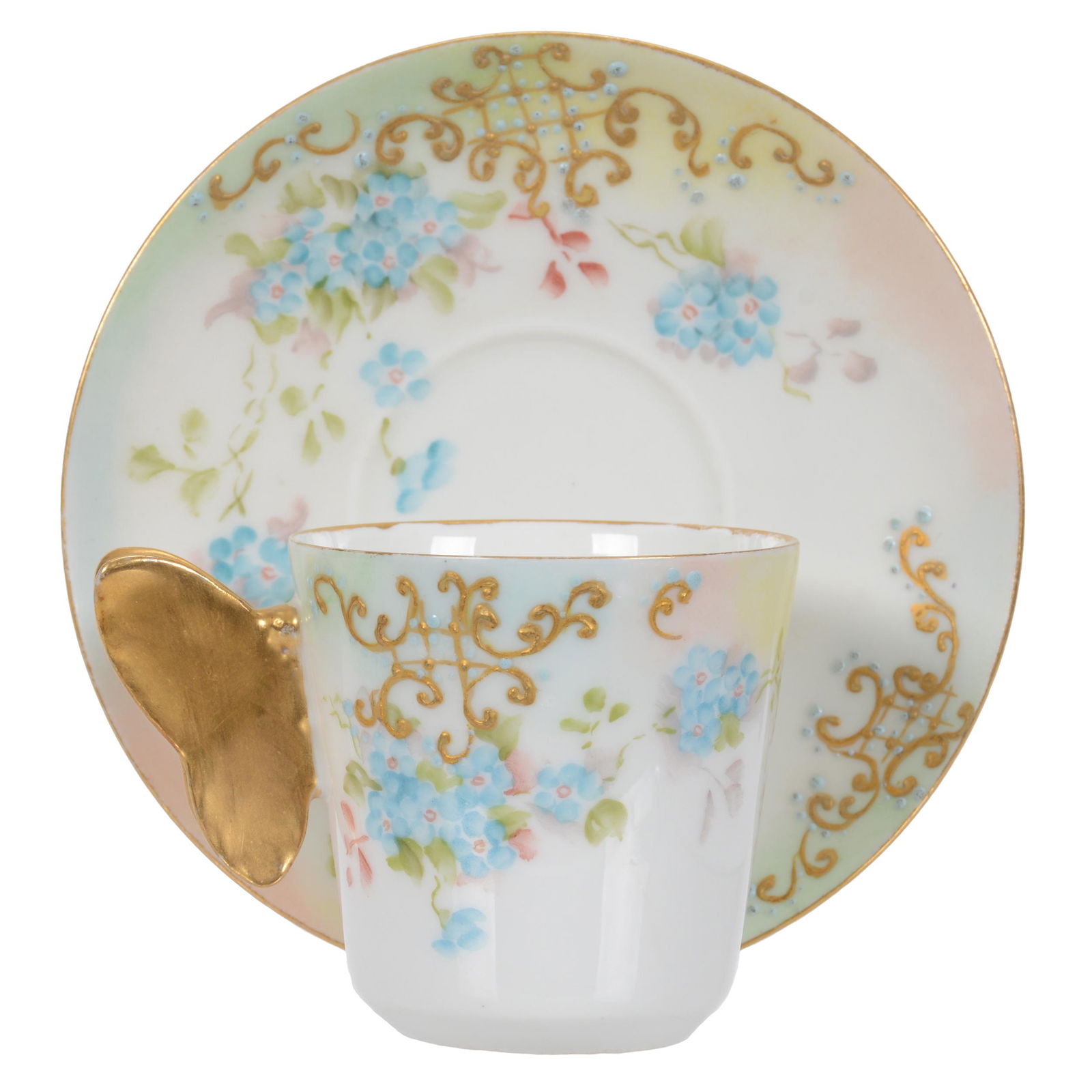 Cup And Saucer, No Studio Mark: Cup And Saucer, No Studio Mark, 2.75" x 4.75", Pastel With Blue Floral Decor And Gold Enamel Highlights, Figural Butterfly Handle, No Artist Mark Visible, Limoges Blank, Faint Old 0.25" Hairline On Ri
