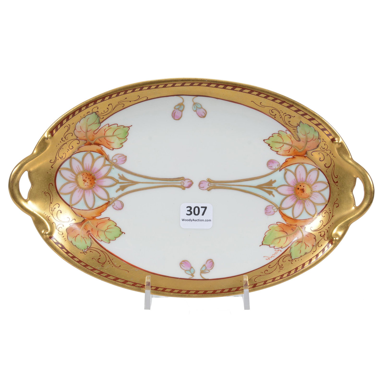 Relish Tray, Pickard Mark #6: Relish Tray, Pickard Mark #6, 9.5" x 5.75", Daisy Conventional Pattern, Artist Signed Fuchs, Unmarked Blank, Collection Of Hosea And The Late Lily Harkness.
