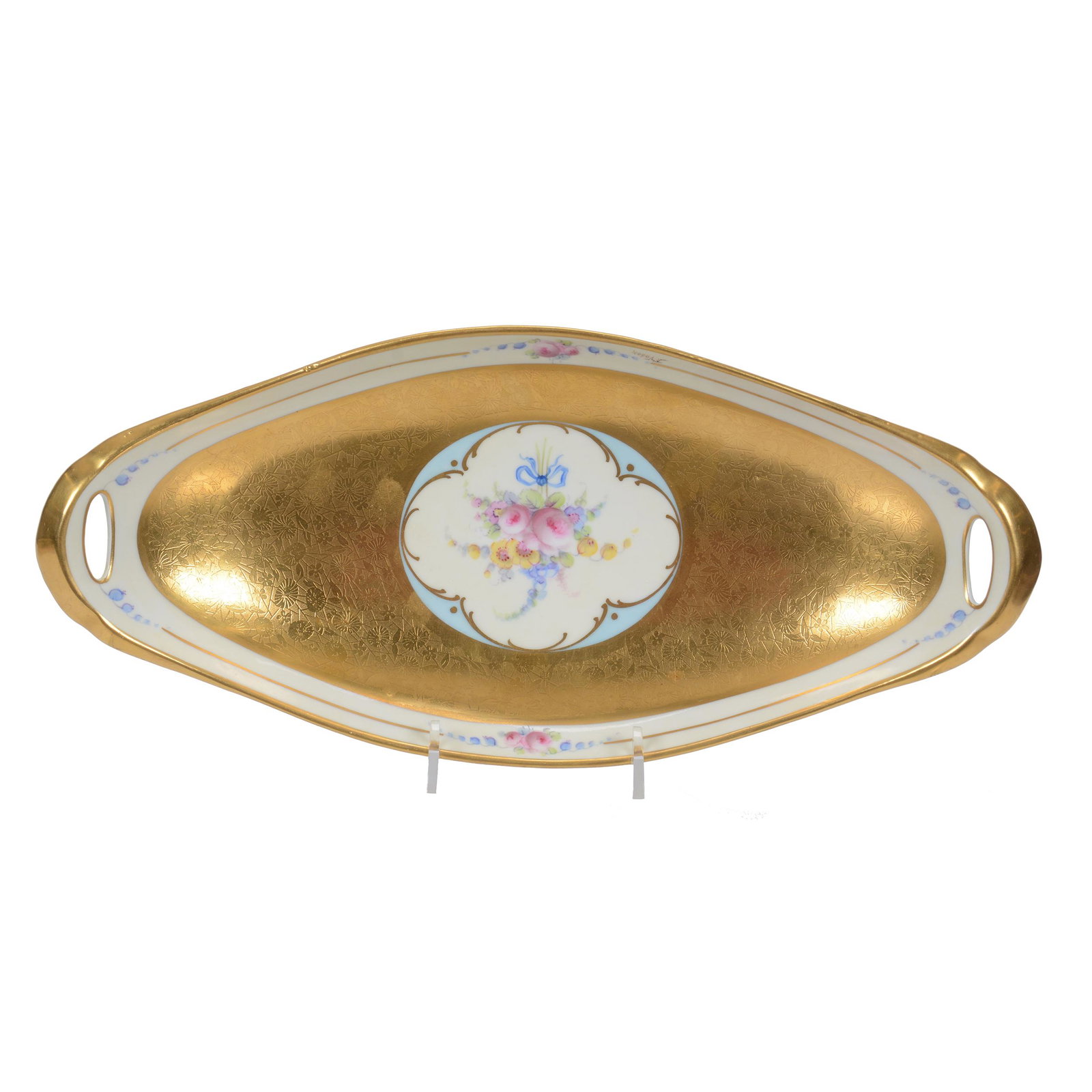 Celery Tray, Pickard Mark #9: Celery Tray, Pickard Mark #9, 12.75" x 5.75", Rose Medallion Center With All Over Gold, Artist Signed F. Vobor (Franz Vobornik), Unmarked Blank, Collection Of Hosea And The Late Lily Harkness.