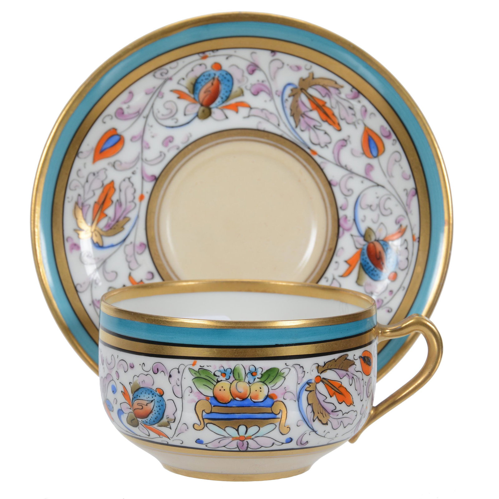 Cup And Saucer, Pickard Mark #8: Cup And Saucer, Pickard Mark #8, 2.25" x 5.25", Venetian Renaissance Pattern, Artist Signed Boehm, Collection Of Hosea And The Late Lily Harkness.