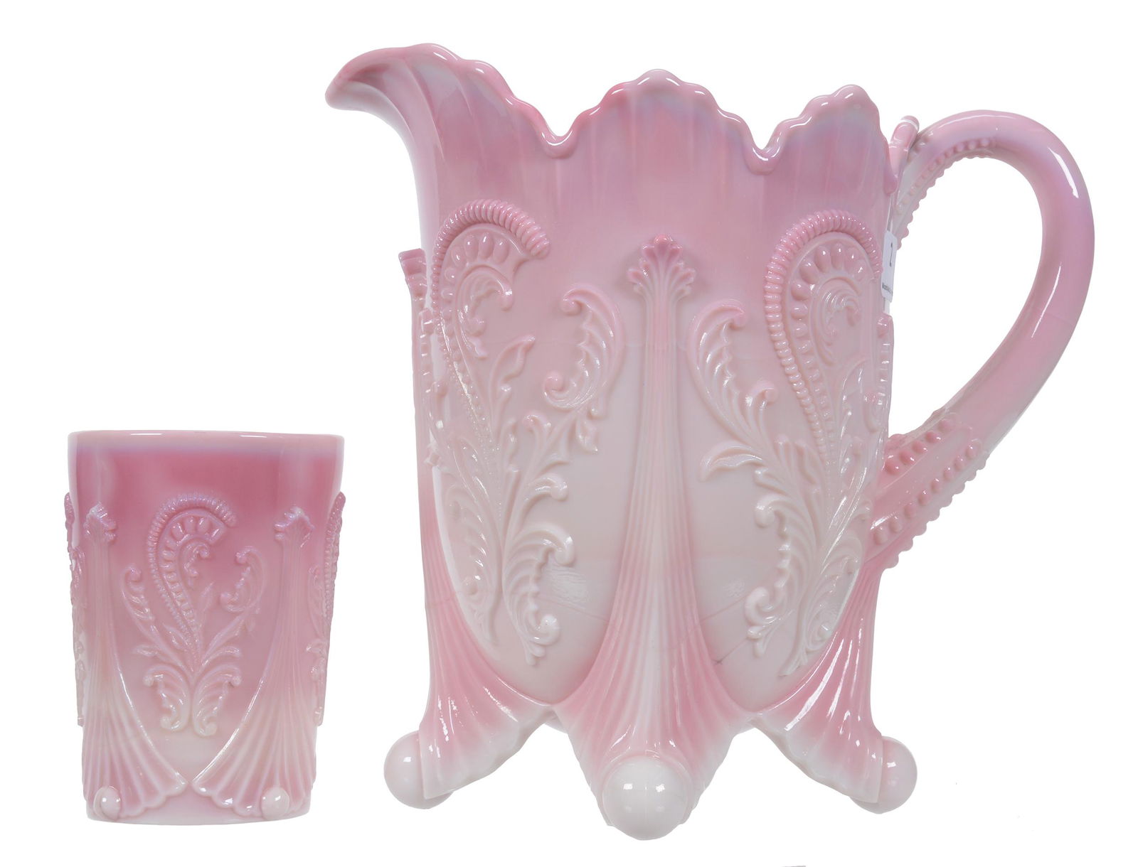 Water Pitcher and One Tumbler, Pink Slag Art Glass (1 of 3)