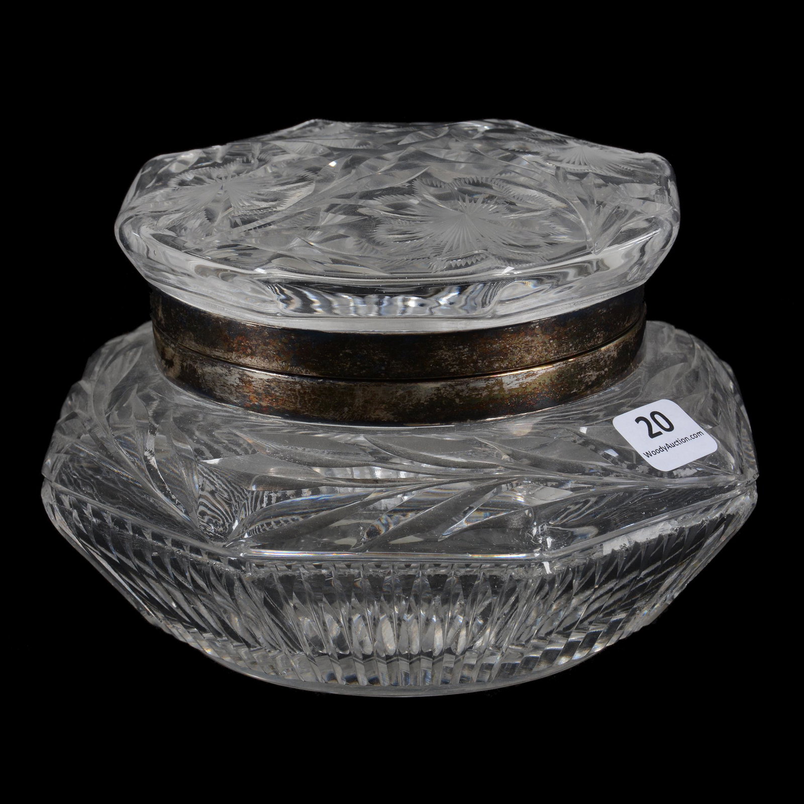 Dresser Box, Monroe, American Brilliant Cut Glass: Dresser Box, Monroe, American Brilliant Cut Glass, 4.5" x 6.5", Eight-Sided, Engraved Floral Lid, Vertical Miter Cut Base, Light Roughness On Miters, Dr. Peter And Grace Jochimsen. UPDATED 10-22-21: A