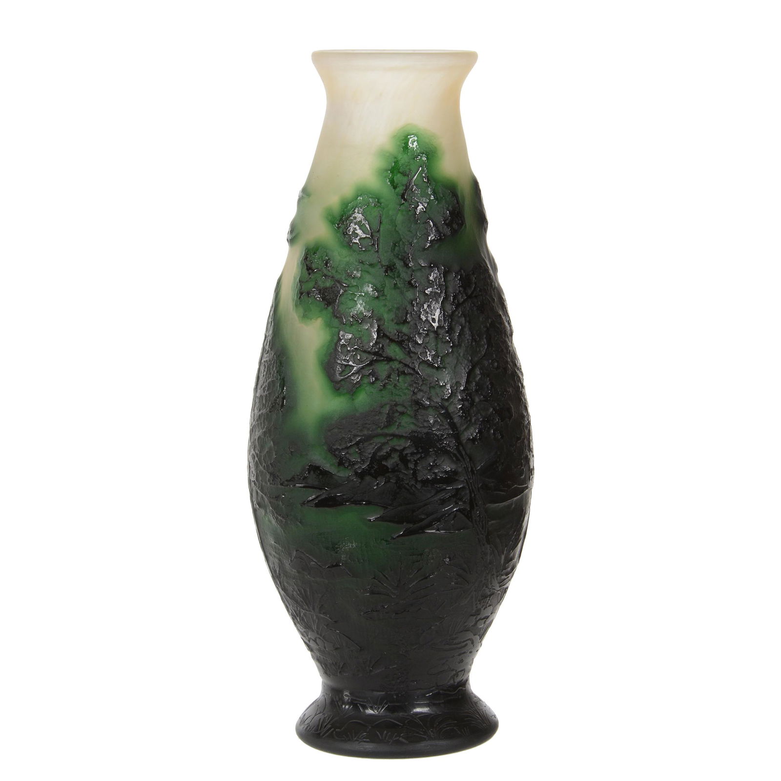 Vase, Signed Galle French Cameo Art Glass: Vase, Signed Galle French Cameo Art Glass, 10.5" x 4.25", White With Dark Emerald Green Cameo Carved Scenic Decor, Excellent Quality, Dr. Peter And Grace Jochimsen.