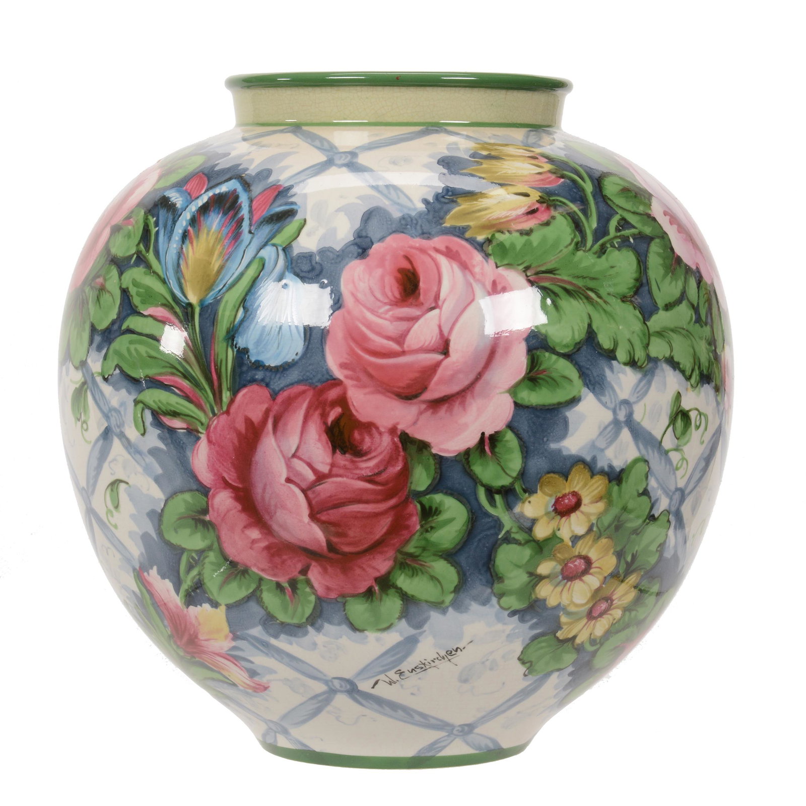 Vase, Marked Royal Bonn Porcelain: Vase, Marked Royal Bonn Porcelain, 8.5" x 8", White With Blue Lattice And Colorful Rose And Tulip Decor, Artist Signed W. Euskirchen, Dr. Peter And Grace Jochimsen.