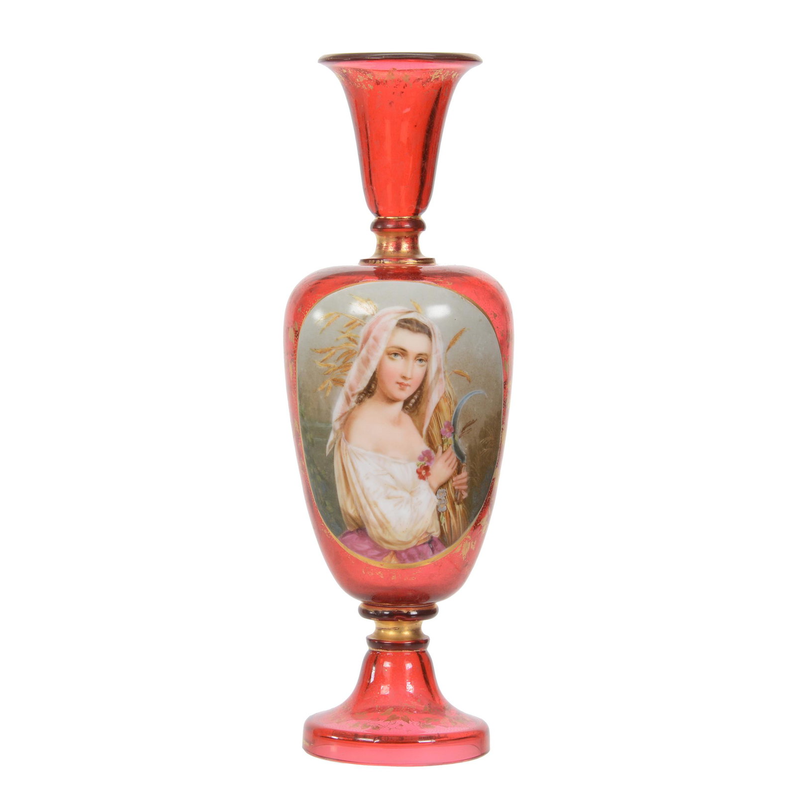 Pedestal Vase, Bohemian Cranberry With Portrait: Pedestal Vase, Bohemian Cranberry With Portrait, 11.5" x 3.75", Hand Painted Portrait Of Young Woman Gleaning In Field, Some Wear Of Gold Stenciling, Dr. Peter And Grace Jochimsen.