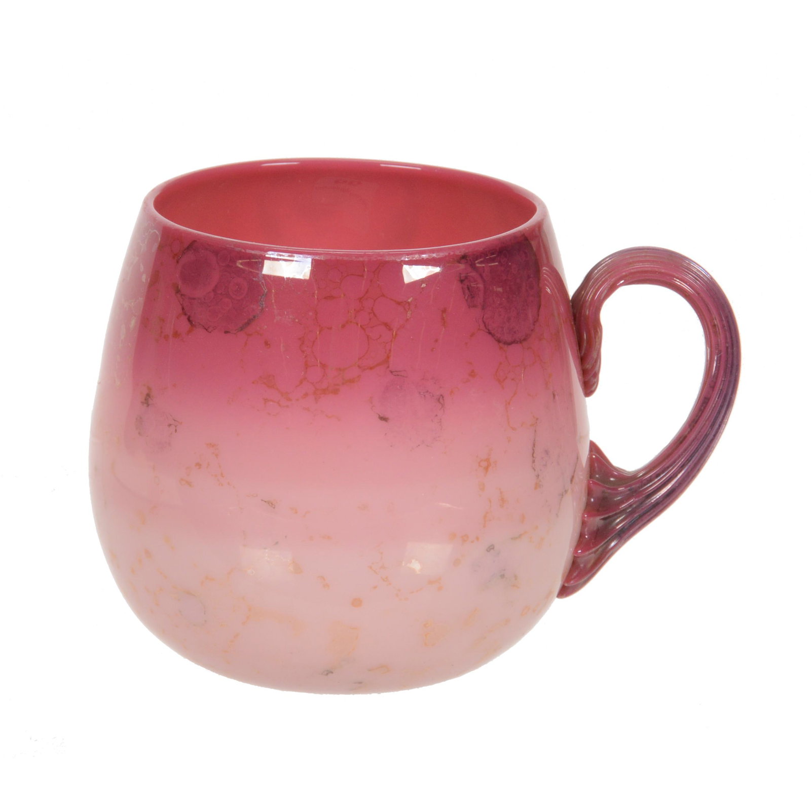 Punch Cup, Pink Agata Art Glass By New England: Punch Cup, Pink Agata Art Glass By New England, 2.75" x 3.5", Excellent Mottling, Decorated Ribbed Handle, Dr. Peter And Grace Jochimsen.
