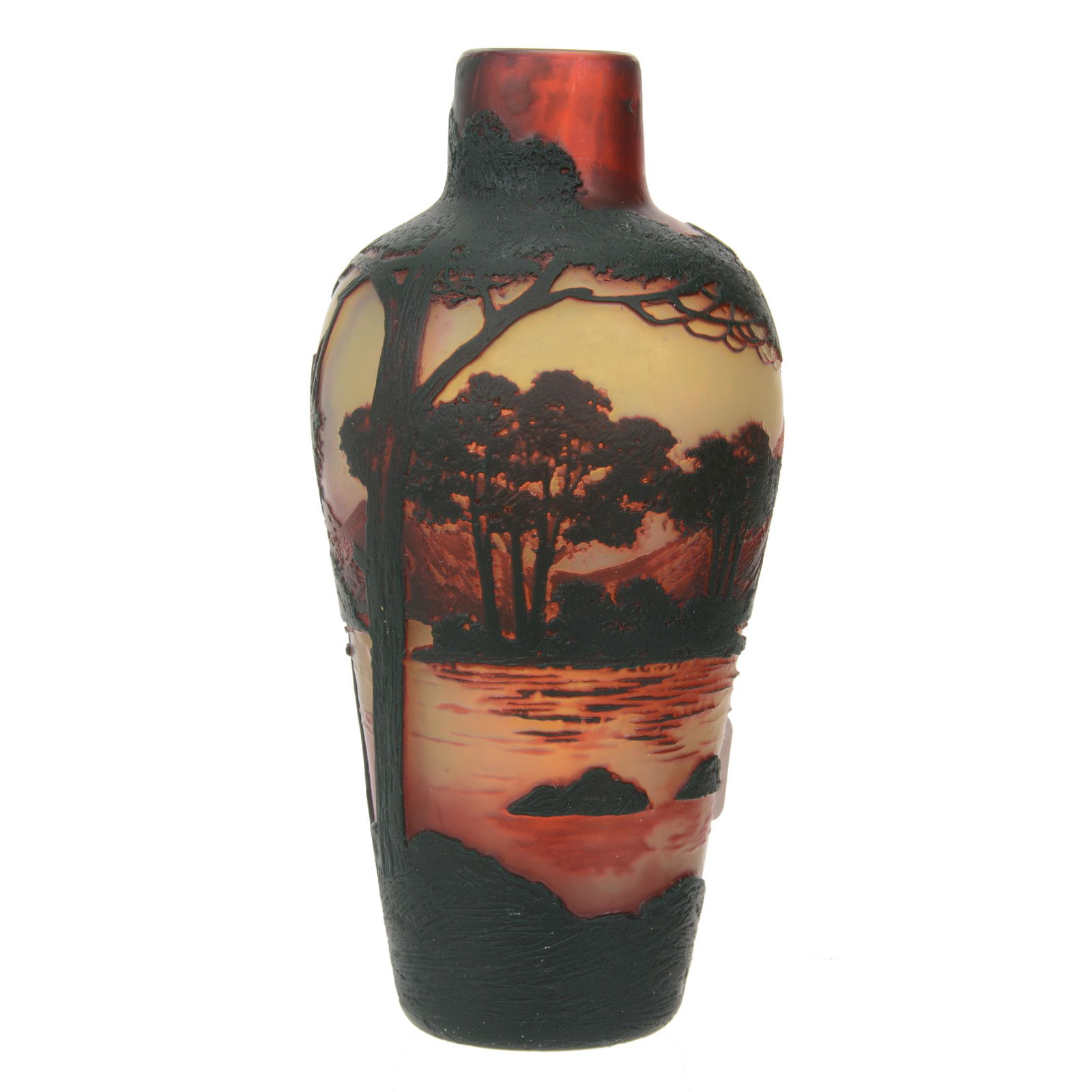 Vase, Signed De Vez French Cameo Art Glass: Vase, Signed De Vez French Cameo Art Glass, 6" x 3", Yellow And Cranberry With Dark Cameo Carved Scenic Decor Of Lake, Tree And Mountain, Dr. Peter And Grace Jochimsen.