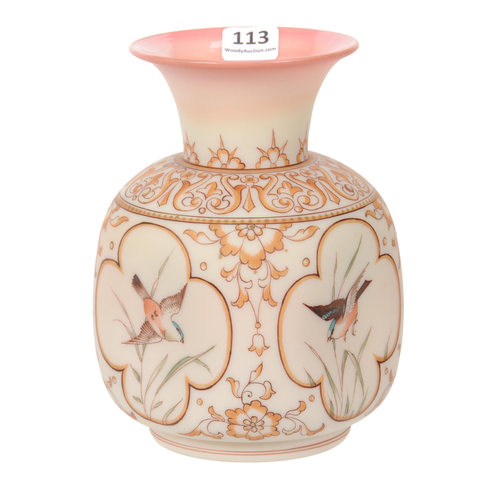 Vase, Decorated Burmese Art Glass: Vase, Decorated Burmese Art Glass, 6.25" x 4", Robin Medallion Scenic Decor, Dr. Peter And Grace Jochimsen.