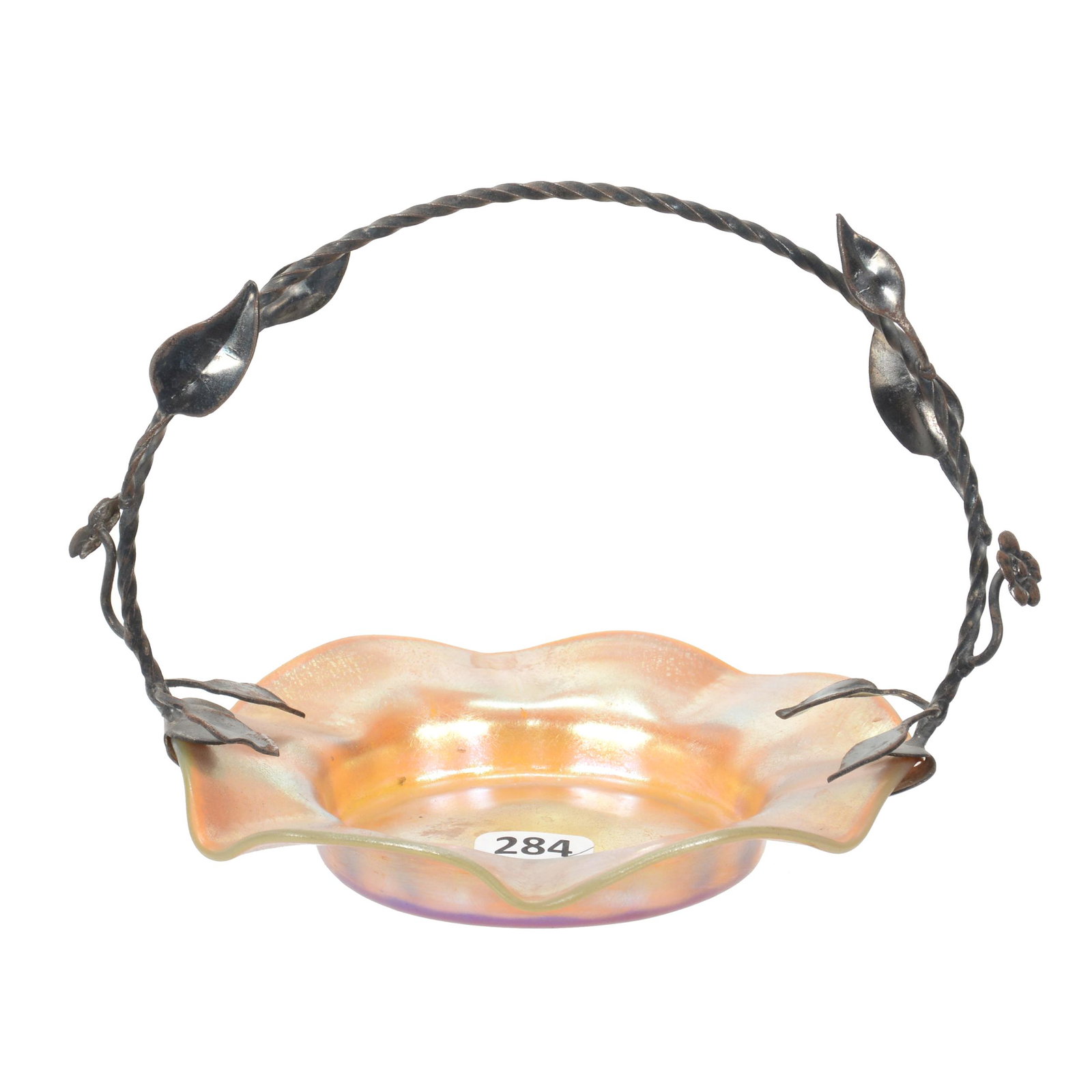 Basket, Signed Kew Blas Art Glass: Basket, Signed Kew Blas Art Glass, 5.25" x 7", Gold Iridescent Ruffled Dish With Gilt Metal Handle Featuring Leaf And Blossom Highlights, Dr. Peter And Grace Jochimsen.