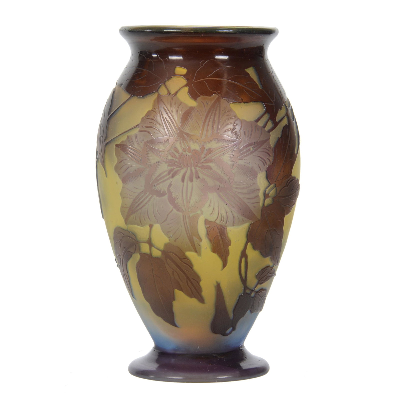 Vase, Signed Galle French Cameo Art Glass: Vase, Signed Galle French Cameo Art Glass, 5.5" x 3.25", Yellow Ground With Amethyst Cameo Carved Leaf And Blossom Overlay, Dr. Peter And Grace Jochimsen.