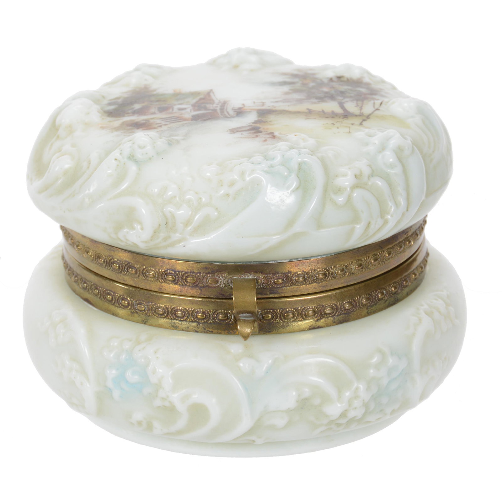 Jewel Box, Wave Crest (Stamp Mark) Art Glass: Jewel Box, Wave Crest (Stamp Mark) Art Glass, 3" x 4.25", Sea Foam Mold, White, Green And Blue Tones With Mill Scenic Decor, Base Is Cracked, Dr. Peter And Grace Jochimsen.