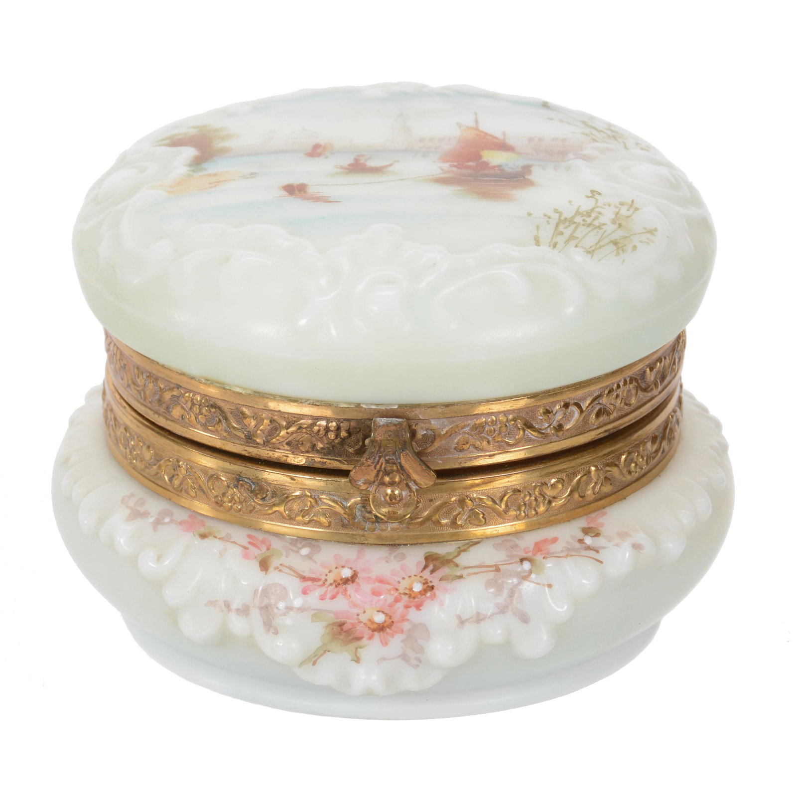 Jewel Box, Wave Crest (Stamp Mark) Art Glass: Jewel Box, Wave Crest (Stamp Mark) Art Glass, 3" x 4.25", Embossed Scroll Design, Scenic Decor Of Venice Harbor, Original Lining, Dr. Peter And Grace Jochimsen.