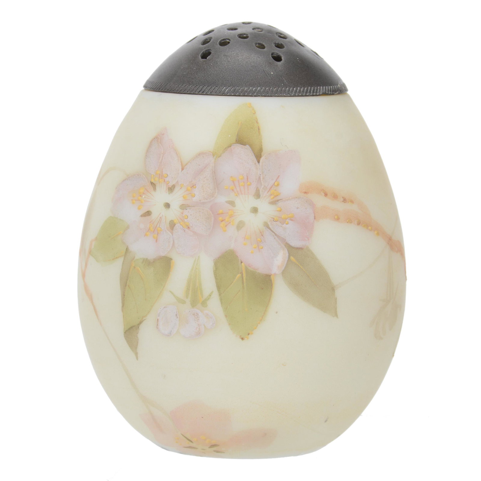 Sugar Shaker, Mt. Washington Art Glass: Sugar Shaker, Mt. Washington Art Glass, 4.25" x 3.25", Egg Shaped, Yellow Tones With Pink Floral Blossom Decor, Dr. Peter And Grace Jochimsen.