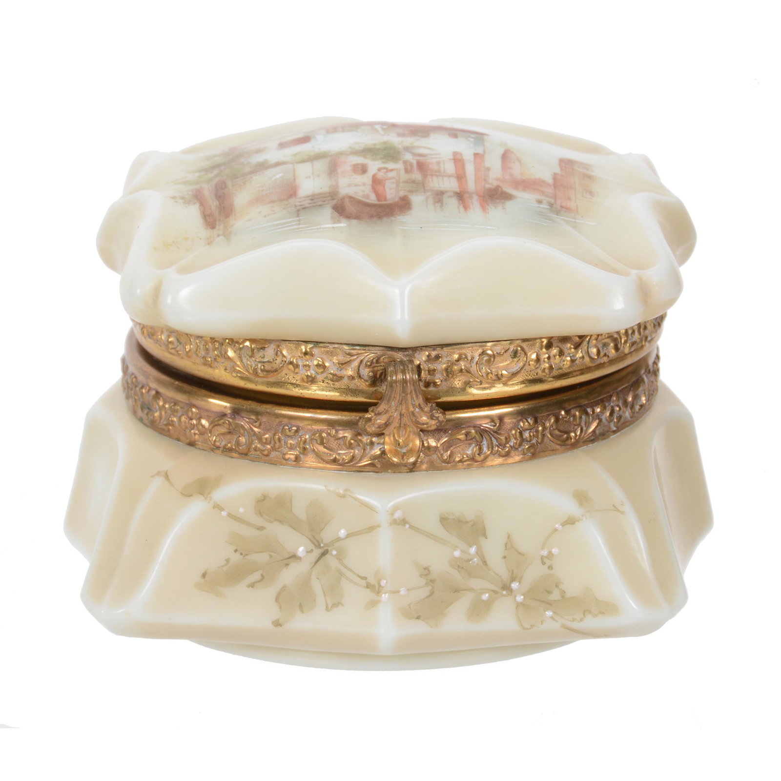 Jewel Box, Wave Crest (Stamp Mark) Art Glass: Jewel Box, Wave Crest (Stamp Mark) Art Glass, 3.25" x 4.25", Cream Tones With Venice Waterway Scenic Decor, Mirror Inset Lid, Dr. Peter And Grace Jochimsen.