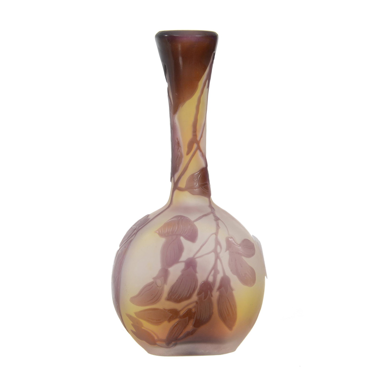 Banjo Vase, Signed Galle French Cameo Art Glass: Banjo Vase, Signed Galle French Cameo Art Glass, 5.5" x 2.5", White, Yellow And Amethyst Ground With Amethyst Cameo Carved Leaf And Branch Decor, Dr. Peter And Grace Jochimsen.