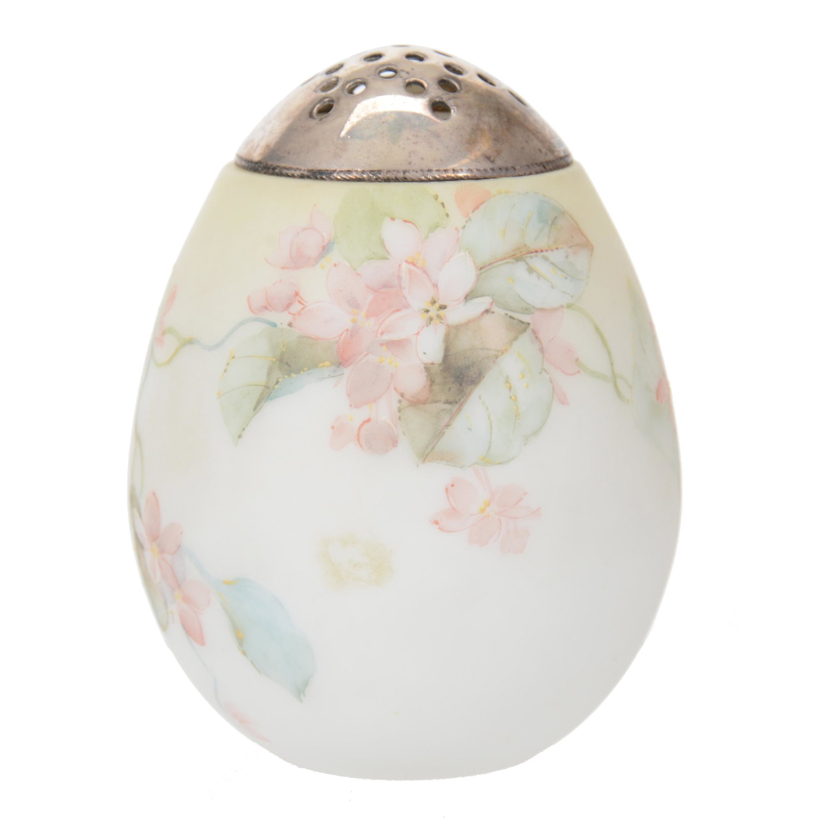 Sugar Shaker, Mt. Washington Art Glass: Sugar Shaker, Mt. Washington Art Glass, 4.25" x 3.25", Egg Shaped, White And Yellow Tones, Pink Floral Decor, Dr. Peter And Grace Jochimsen.