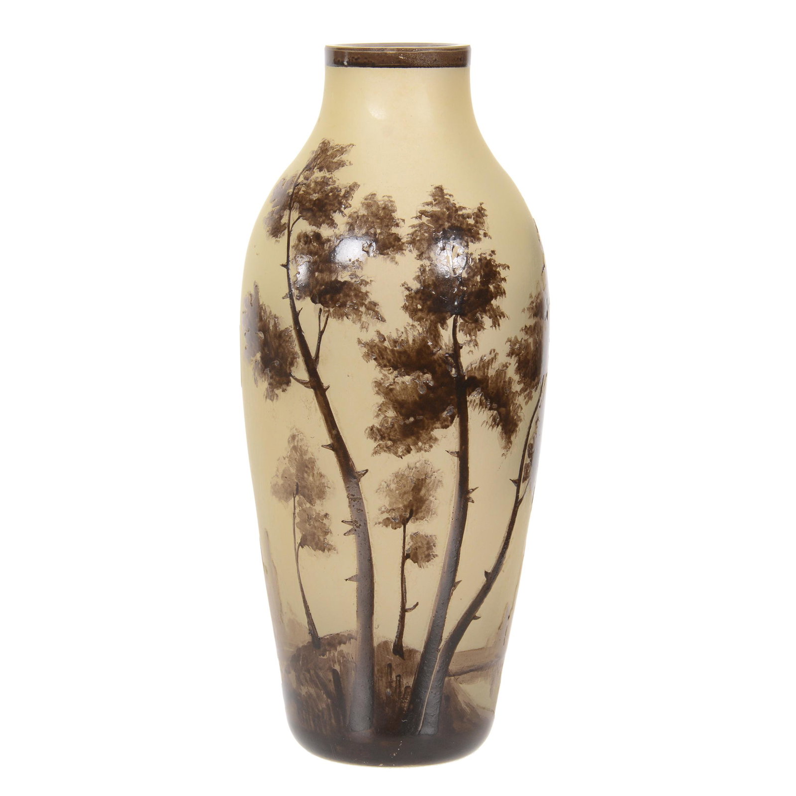 Vase, Signed Chouvenin French Cameo Art Glass: Vase, Signed Chouvenin French Cameo Art Glass, 8" x 3.5", Soft Frosted Green With Tree And Lake Scenic Decor, Enamel Highlights, Circa 1900's, Dr. Peter And Grace Jochimsen.