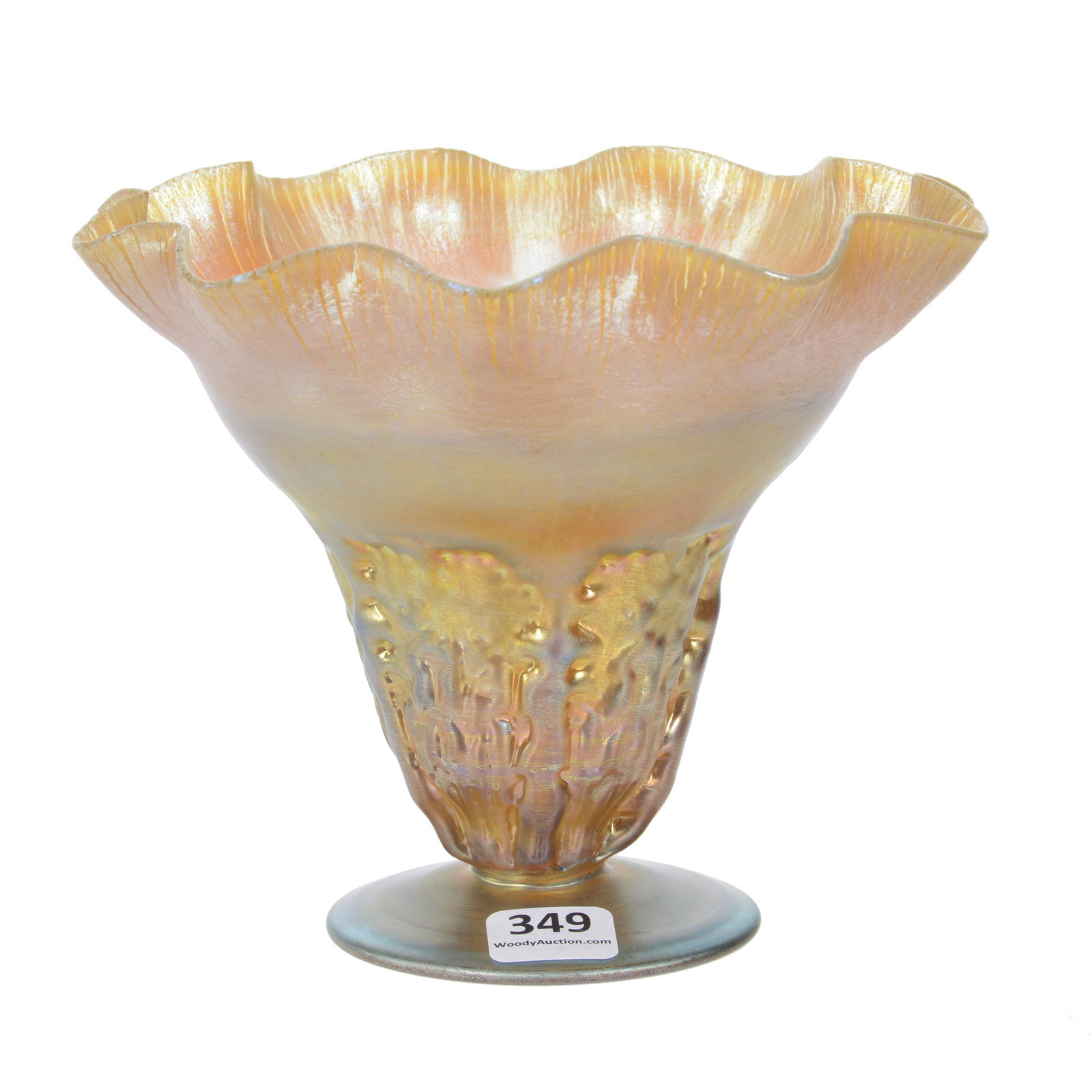 Vase, Signed Nash #551 Art Glass: Vase, Signed Nash #551 Art Glass, 5.25" x 6.25", Fine Gold Iridescence With Textured Molded Leaf Design And Ruffled Rim, Excellent Color And Condition, Dr. Peter And Grace Jochimsen.