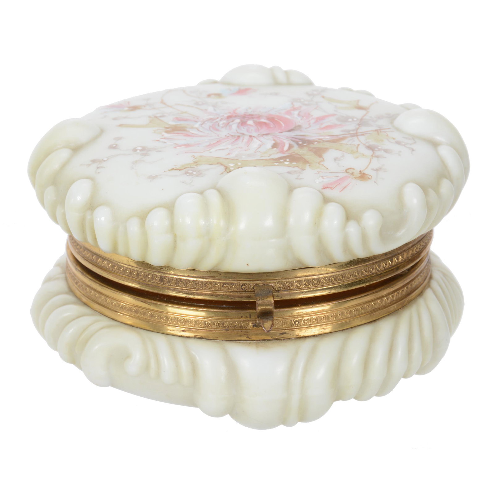 Jewel Box, Wave Crest (Banner Mark) Art Glass: Jewel Box, Wave Crest (Banner Mark) Art Glass, 3.25" x 5.5", Puff Mold, Yellow Tones With Pink Floral Decor, Original Lining, Dr. Peter And Grace Jochimsen.