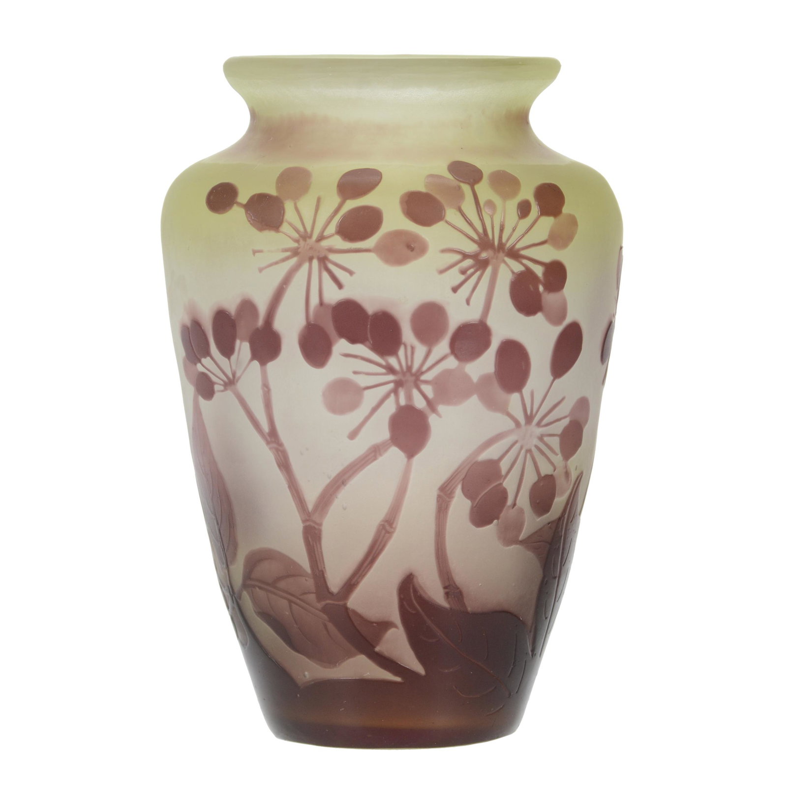 Vase, Signed Galle French Cameo Art Glass: Vase, Signed Galle French Cameo Art Glass, 4.75" x 3.25", White And Green Ground With Lavender Cameo Carved Floral Blossom Decor, Dr. Peter And Grace Jochimsen.