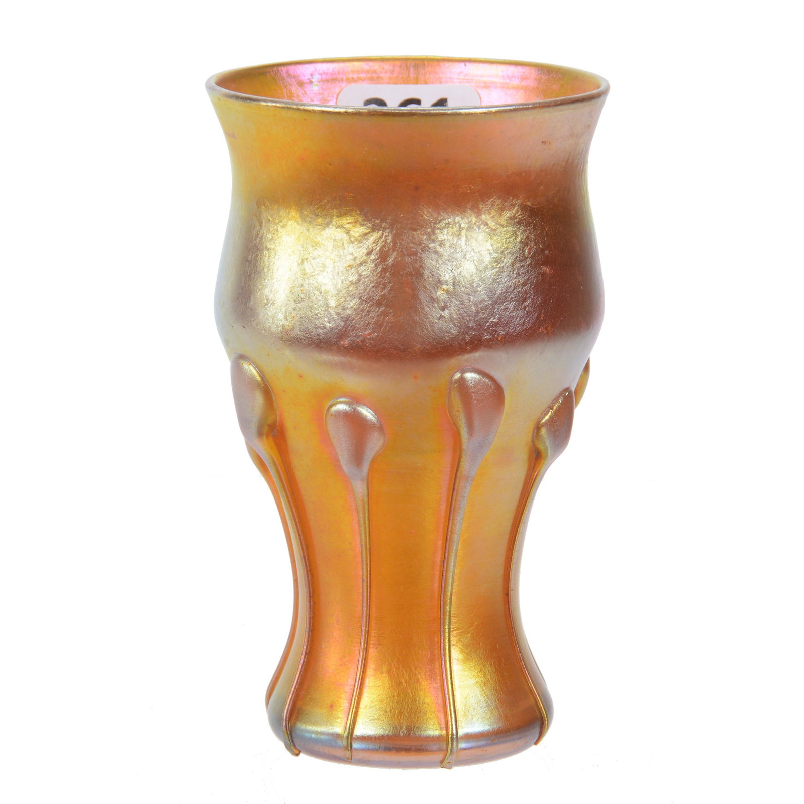 Juice Glass, Signed LCT Favrile #102 Art Glass: Juice Glass, Signed LCT Favrile #102 Art Glass, 4" x 2.25", Beautiful Gold Iridescence With Eight Applied Tadpoles, All With Complete Tail Length, Dr. Peter And Grace Jochimsen.