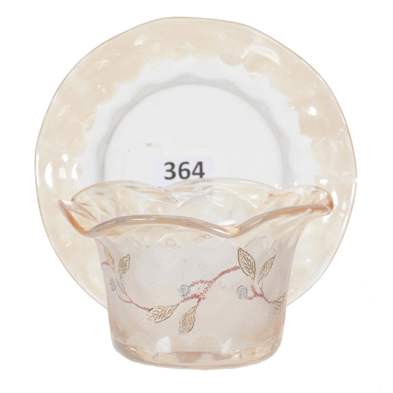 Ramekin and Underplate, Pomona Art Glass: Ramekin and Underplate, Pomona Art Glass, 2.25" x 4.25", Colored Floral Decor, Dr. Peter And Grace Jochimsen.