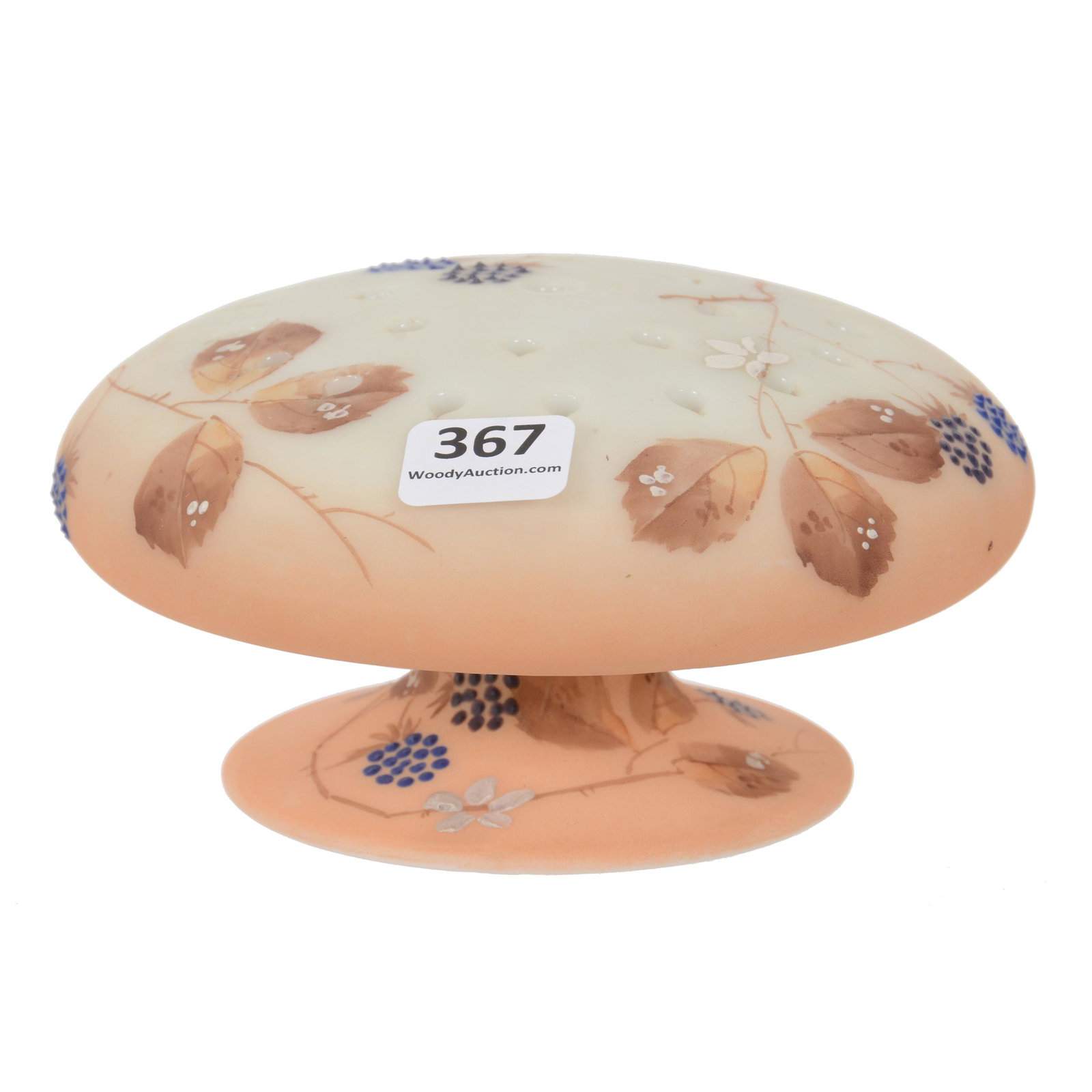 Mushroom Flower Holder, Mt. Washington Art Glass: Mushroom Flower Holder, Mt. Washington Art Glass, 2.5" x 5", Burmese Coloring, Enamel Berry And Branch Decor, Unmarked, Dr. Peter And Grace Jochimsen. UPDATED 10-21-21 Two small cracks on the undersid