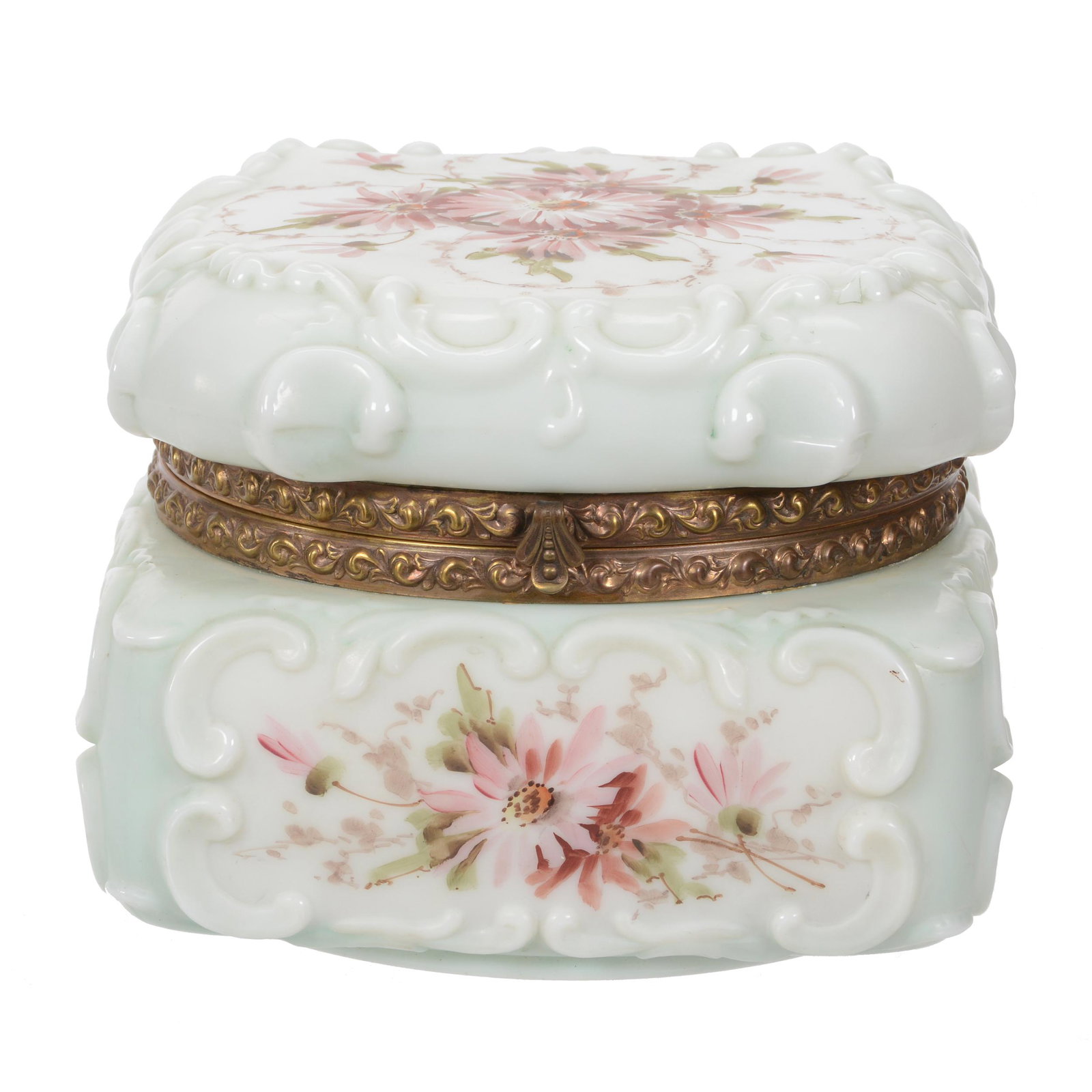 Dresser Box, Wave Crest (Stamp Mark), Art Glass: Dresser Box, Wave Crest (Stamp Mark), Art Glass, 5.5" x 7", Embossed Scroll Mold, White And Light Green Tones With Pink Floral Decor, Dr. Peter And Grace Jochimsen.